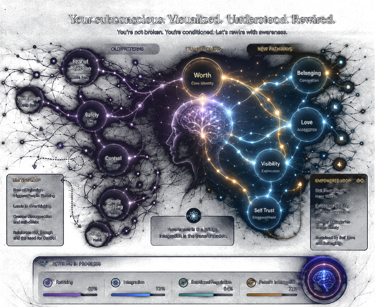 Soma subconscious pattern map — a side-profile head with illuminated brain, violet old-pattern belief network on the left transforming into gold and cyan new-pathway networks on the right.