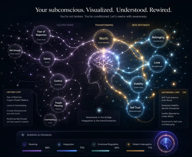 Soma subconscious pattern map — a side-profile head with an illuminated brain, a violet old-pattern belief network transforming into gold and cyan new pathways.
